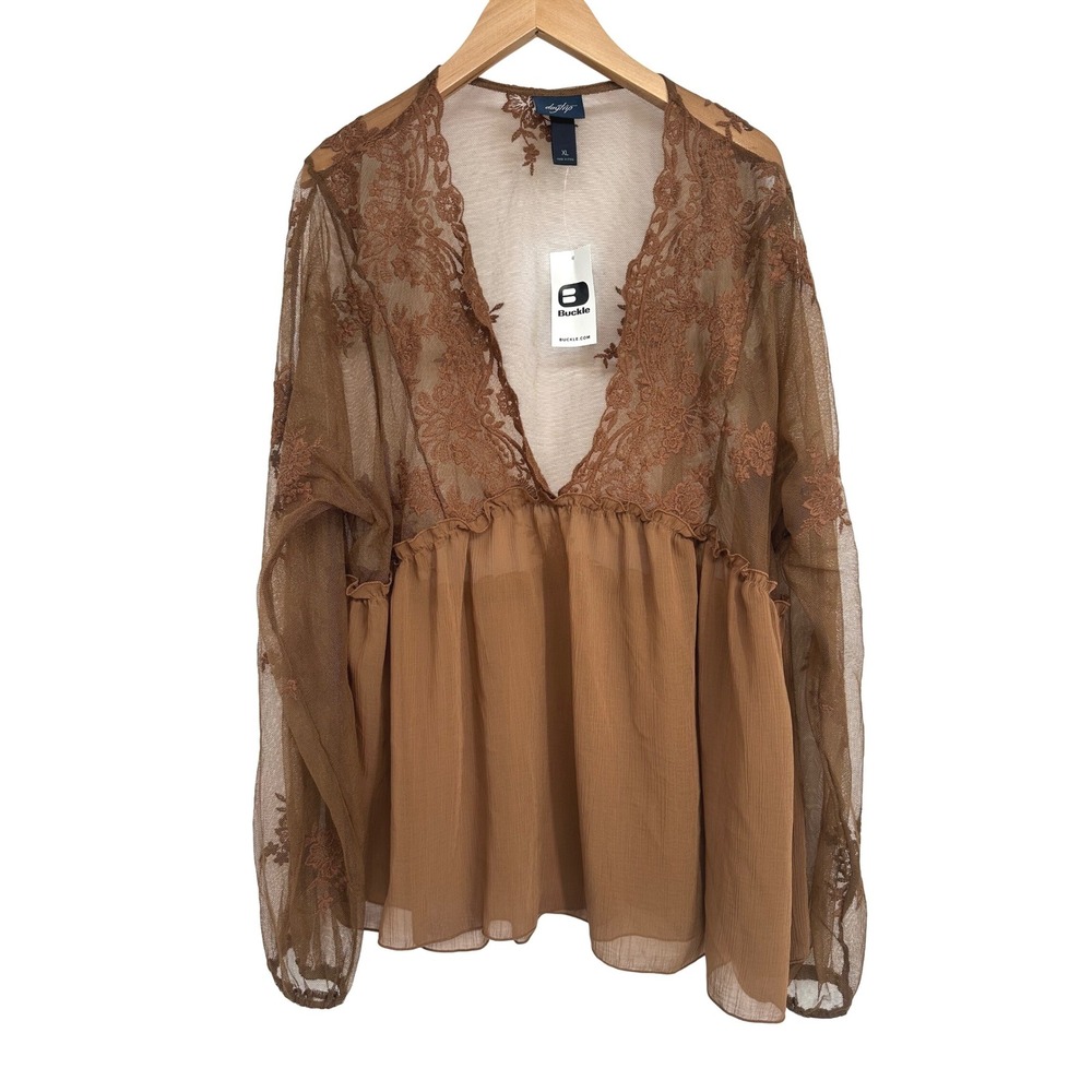 Daytrip Top Women XL Brown Lace Sheer Mesh Boho Fairy Romantic Peasant Festival